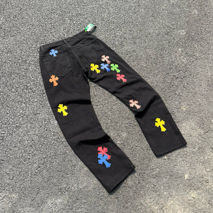 Chrome Hearts Color & Patches Flame Knee Jeans