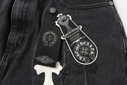 Chrome Hearts White & Black Leather Cross Patches Jeans