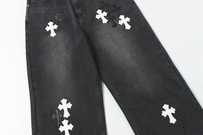 Chrome Hearts White & Black Leather Cross Patches Jeans