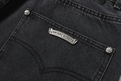 Chrome Hearts White & Black Leather Cross Patches Jeans