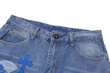 Chrome Hearts Extremely Rare Blue Cross Patch Spraypainted Jeans