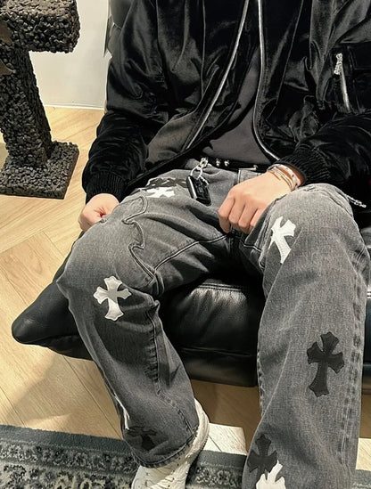 Chrome Hearts Black & White Cross Patch Flame Knee Jeans
