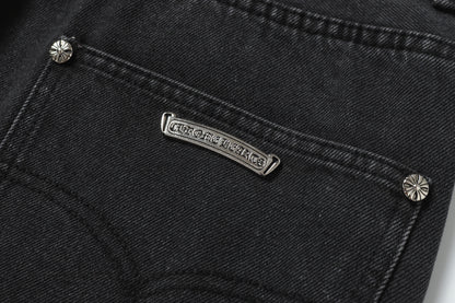 Chrome Hearts Grey & Blue Leather Cross Patches Jeans
