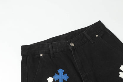 Chrome Hearts White & Blue Leather Cross Patches Jeans