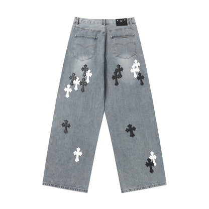 Chrome Hearts White & black Leather Cross Patches Jeans