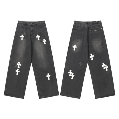 Chrome Hearts White & Black Leather Cross Patches Jeans