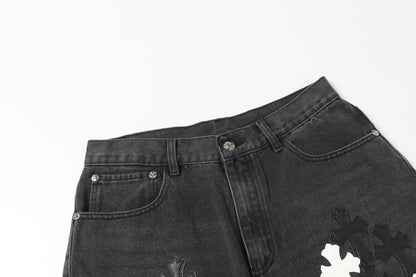 Chrome Hearts White & Black Leather Cross Patches Jeans