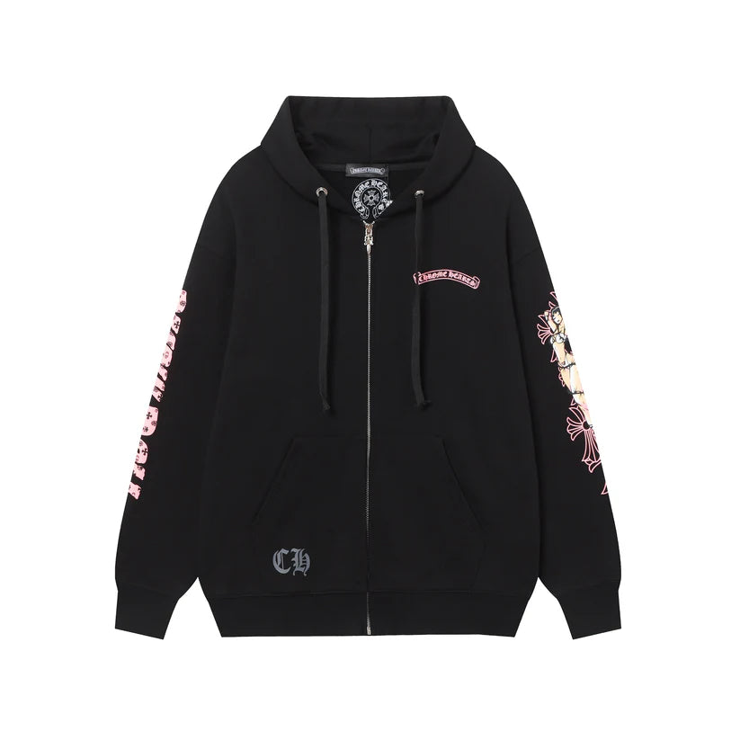 Chrome Hearts Deadly Doll Pink Cross Scroll Zip Up Hoodie 9821