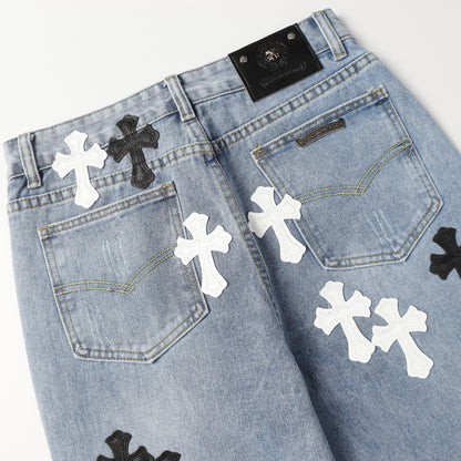 Chrome Hearts White & Black Cross Patch Jeans 9960