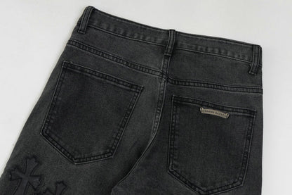 Chrome Hearts Black & White Cross Patch Flame Knee Jeans