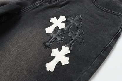 Chrome Hearts White & Black Leather Cross Patches Jeans