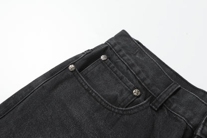 Chrome Hearts Grey & Blue Leather Cross Patches Jeans