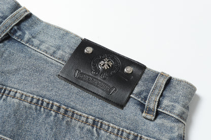 Chrome Hearts White & black Leather Cross Patches Jeans