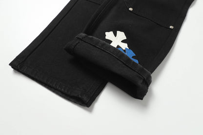 Chrome Hearts White & Blue Leather Cross Patches Jeans