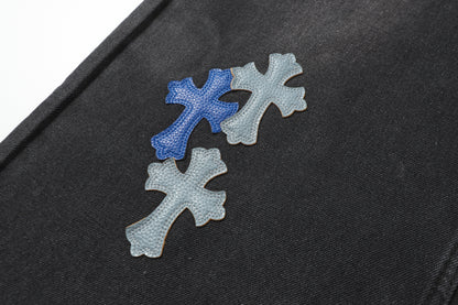 Chrome Hearts Grey & Blue Leather Cross Patches Jeans