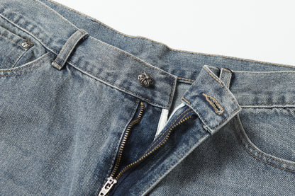 Chrome Hearts White & black Leather Cross Patches Jeans