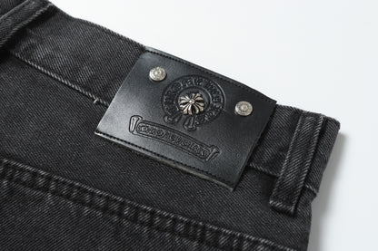 Chrome Hearts Grey & Blue Leather Cross Patches Jeans
