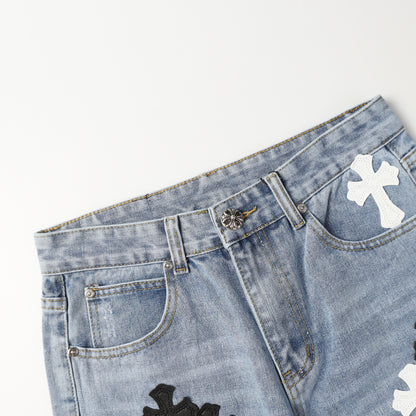 Chrome Hearts White & Black Cross Patch Jeans 9960