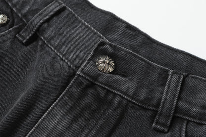 Chrome Hearts White & Black Leather Cross Patches Jeans