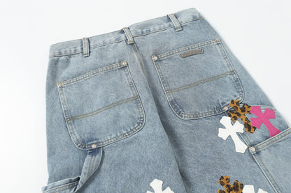 Chrome Hearts Vintage Cross Patchwork Washed Carpenter Denim Shorts 201