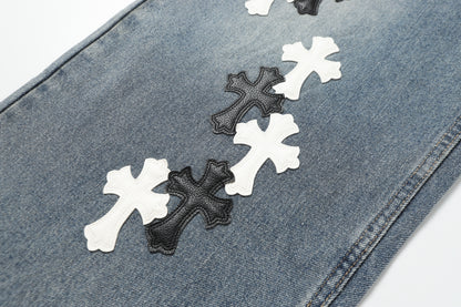 Chrome Hearts White & black Leather Cross Patches Jeans