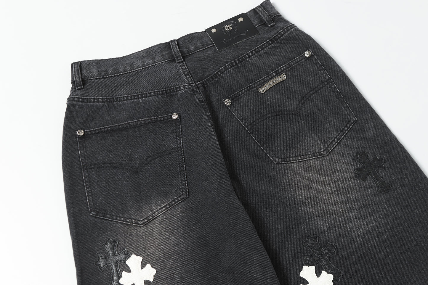 Chrome Hearts White & Black Leather Cross Patches Jeans
