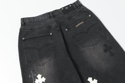 Chrome Hearts White & Black Leather Cross Patches Jeans