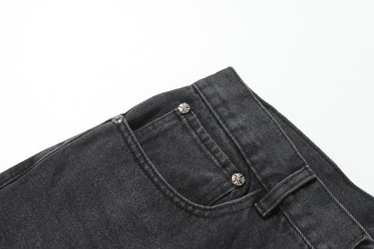 Chrome Hearts White & Black Leather Cross Patches Jeans